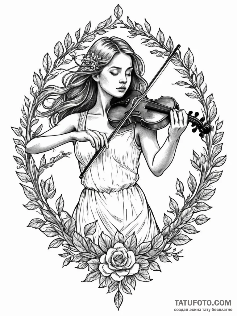 A girl playing a violin, but the violin is ma... - эскиз тату (№1752128648_0, 10.07.2025 06:24) — Tatufoto.com