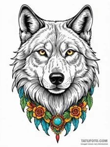 A powerful alpha wolf, its gaze steady and co... - эскиз тату (№1752129397_0, 10.07.2025 06:36) — Tatufoto.com