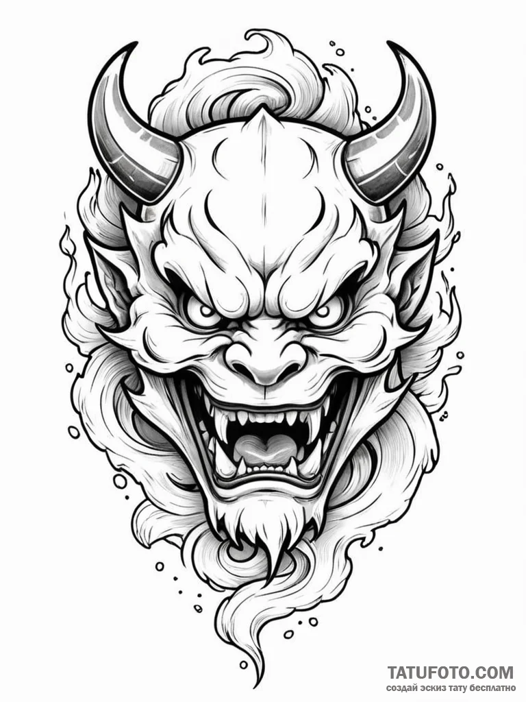 A snarling, demonic oni mask, a symbol of fie... - эскиз тату (№1752130244_0, 10.07.2025 06:50) — Tatufoto.com