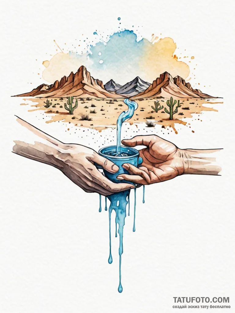 A person, sharing their water in a desert, in... - эскиз тату (№1752130497_0, 10.07.2025 06:54) — Tatufoto.com