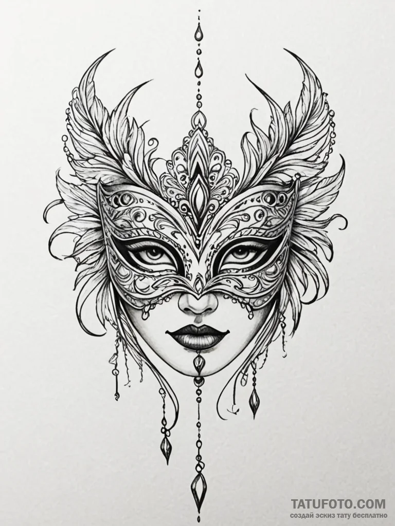 A beautiful, ornate masquerade mask with a si... - эскиз тату (№1752131424_0, 10.07.2025 07:10) — Tatufoto.com