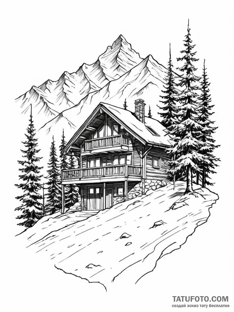 A minimalist drawing of a ski chalet in the m... - эскиз тату (№1752131844_0, 10.07.2025 07:17) — Tatufoto.com