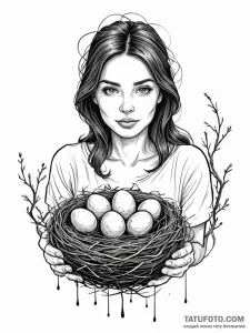 A woman holding a bird's nest with three glow... - эскиз тату (№1752134069_0, 10.07.2025 07:54) — Tatufoto.com
