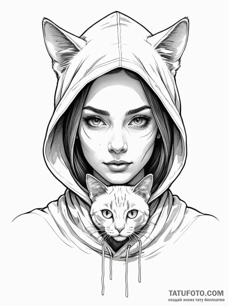 A woman in a hood, her face hidden in shadow,... - эскиз тату (№1752134488_0, 10.07.2025 08:01) — Tatufoto.com