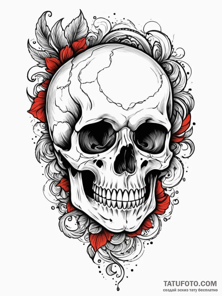 A hyperrealistic human skull, with a bold, re… — эскиз тату (№1752134822_0, 10.07.2025 08:07) — Tatufoto.com