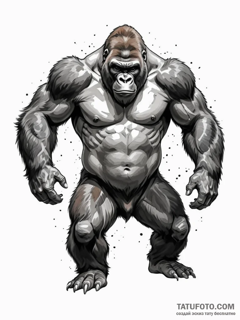 A powerful gorilla, beating its chest in a di… — эскиз тату (№1752135673_0, 10.07.2025 08:21) — Tatufoto.com