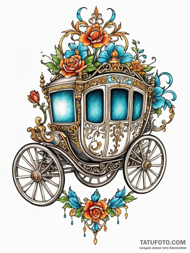 A beautiful, ornate antique carriage, tattoo... - эскиз тату (№1752136212_0, 10.07.2025 08:30) — Tatufoto.com