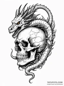 A dragon, coiled tightly around a human skull... - эскиз тату (№1752137300_0, 10.07.2025 08:48) — Tatufoto.com