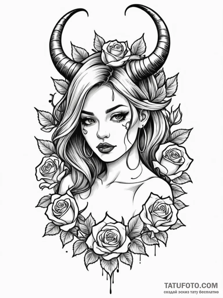 A girl with her hair styled into two horns, l... - эскиз тату (№1752137635_0, 10.07.2025 08:53) — Tatufoto.com