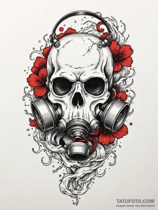 A skull, wearing a broken gas mask, with red... - эскиз тату (№1752138555_0, 10.07.2025 09:09) — Tatufoto.com