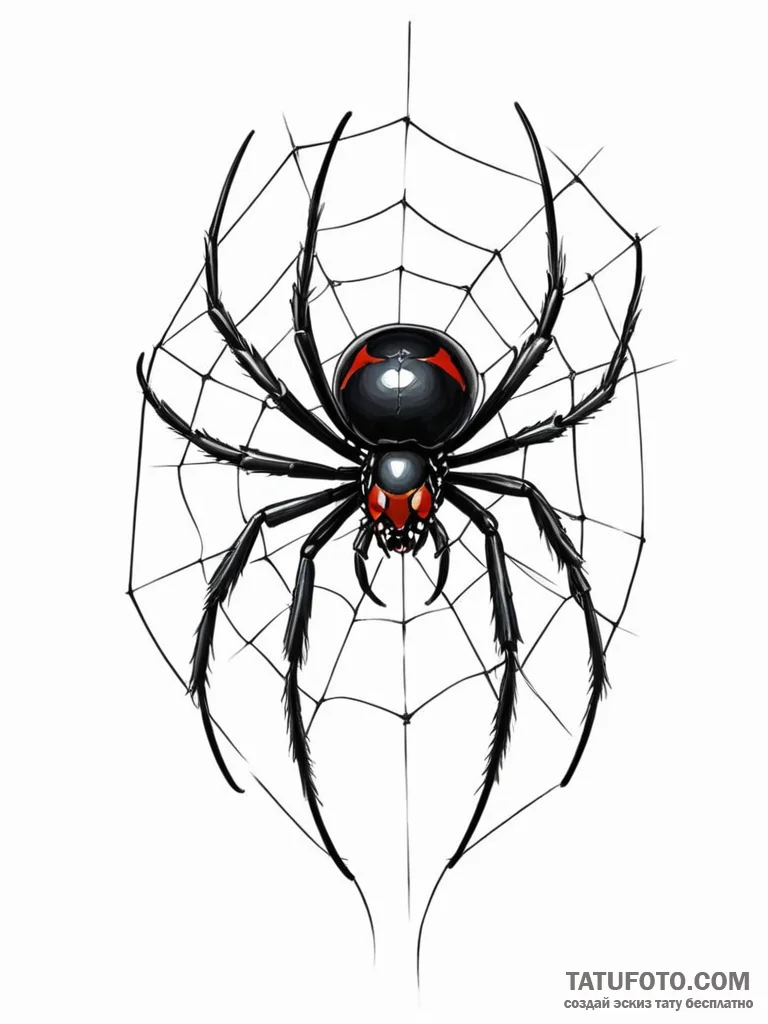 A beautiful, realistic black widow, its web i... - эскиз тату (№1752139779_0, 10.07.2025 09:29) — Tatufoto.com