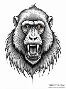 A powerful baboon, baring its sharp teeth, ta... - эскиз тату (№1752141596_0, 10.07.2025 09:59) — Tatufoto.com