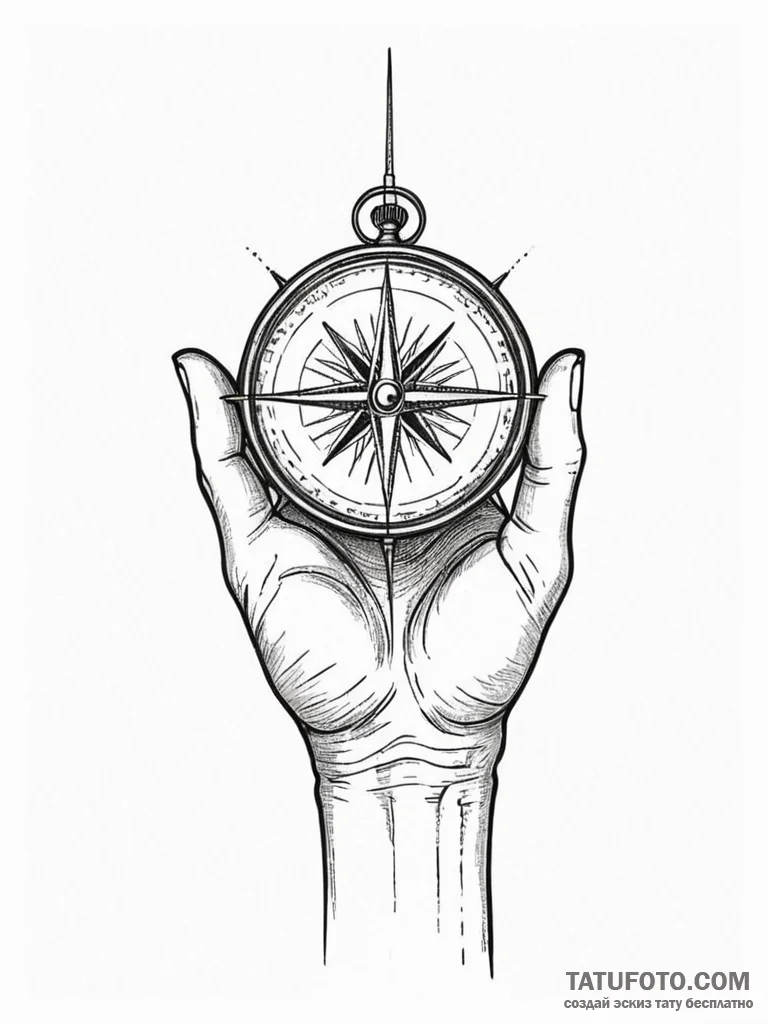 A human hand, holding a compass, the needle g... - эскиз тату (№1752142595_0, 10.07.2025 10:16) — Tatufoto.com