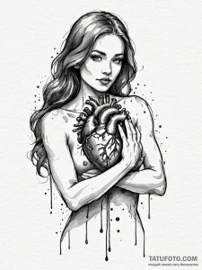 A woman holding a glowing, anatomical human h... - эскиз тату (№1752143937_0, 10.07.2025 10:38) — Tatufoto.com