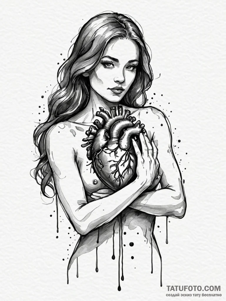 A woman holding a glowing, anatomical human h… — эскиз тату (№1752143937_0, 10.07.2025 10:38) — Tatufoto.com