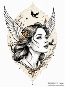 A woman whose tears are tiny, colorful songbi... - эскиз тату (№1752144188_0, 10.07.2025 10:43) — Tatufoto.com