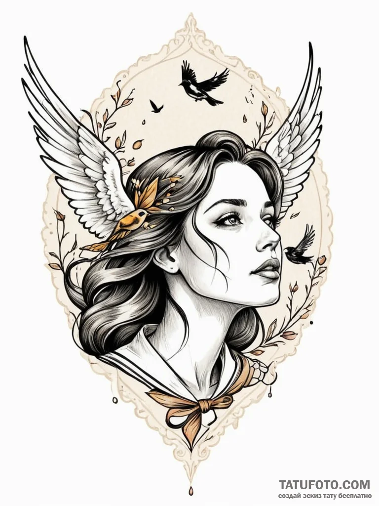A woman whose tears are tiny, colorful songbi… — эскиз тату (№1752144188_0, 10.07.2025 10:43) — Tatufoto.com