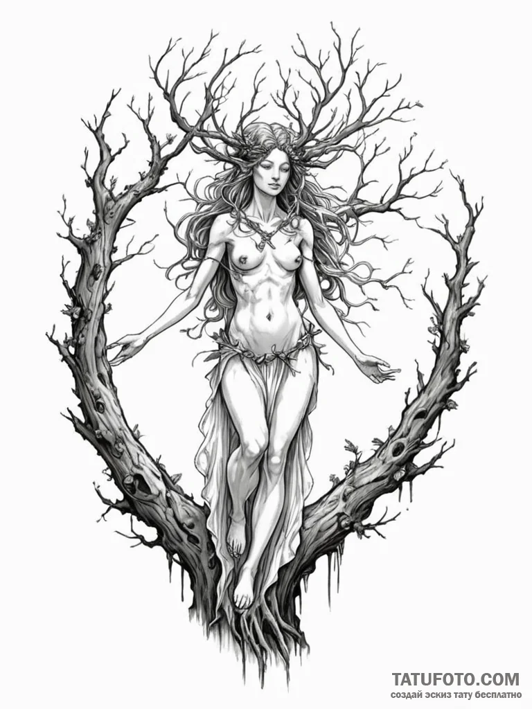 A dryad, her body is made of wood and she is... - эскиз тату (№1752144773_0, 10.07.2025 10:52) — Tatufoto.com