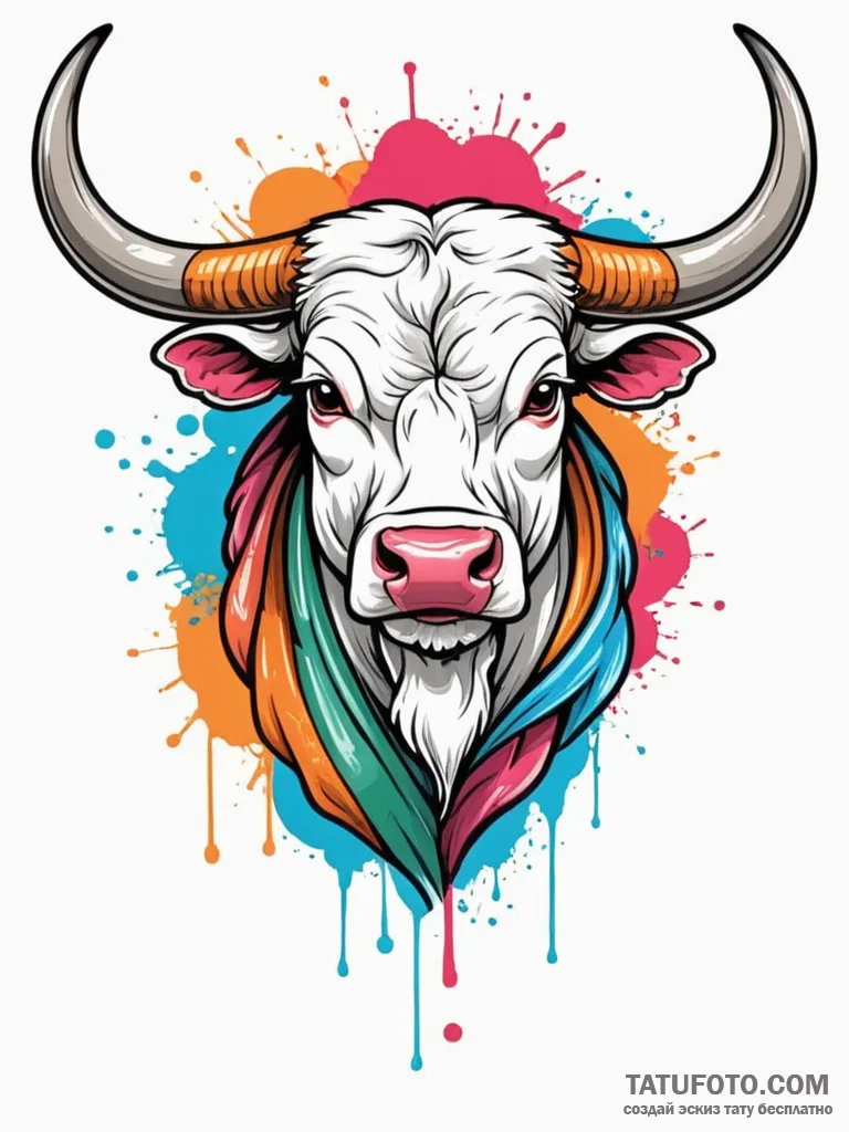 A powerful bull, its horns sharp, ready to ch… — эскиз тату (№1752148081_0, 10.07.2025 11:48) — Tatufoto.com