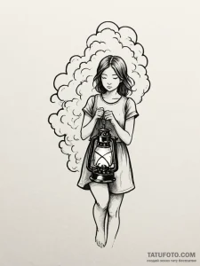 A girl holding a lantern, inside is a tiny, t... - эскиз тату (№1752148252_0, 10.07.2025 11:50) — Tatufoto.com