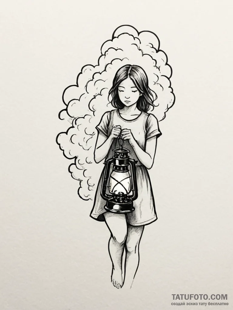 A girl holding a lantern, inside is a tiny, t… — эскиз тату (№1752148252_0, 10.07.2025 11:50) — Tatufoto.com