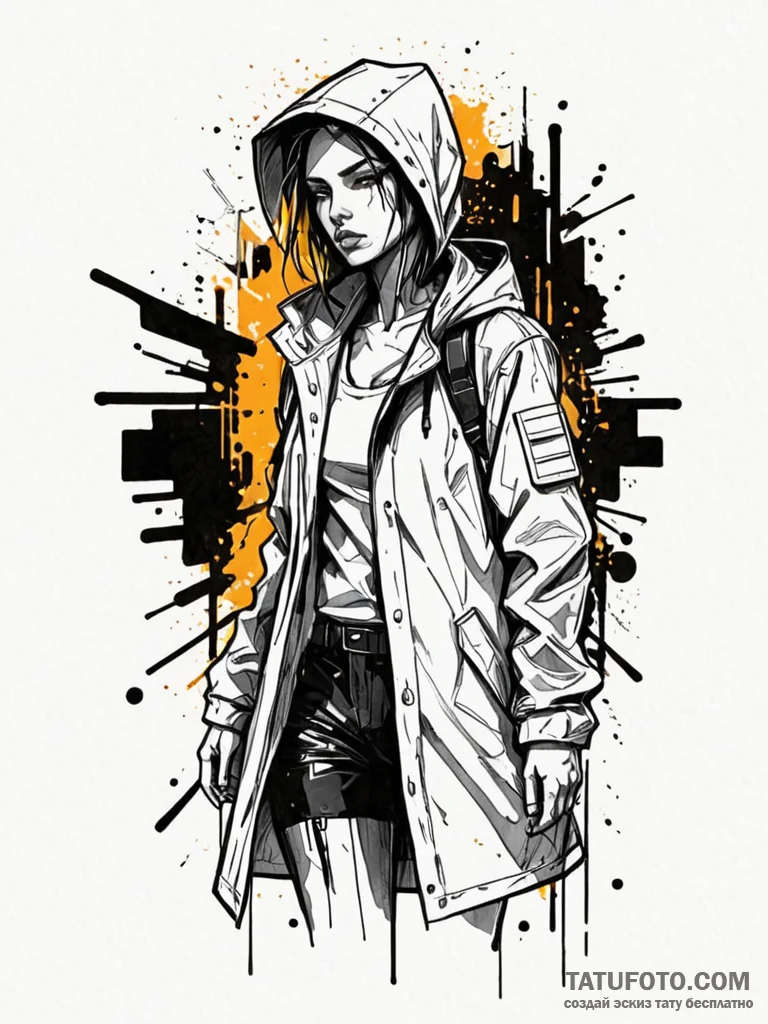 A cyberpunk girl with a transparent raincoat,... - эскиз тату (№1752148423_0, 10.07.2025 11:53) — Tatufoto.com