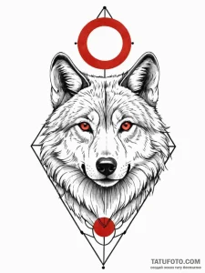 A portrait of a wolf, with a red, geometric m... - эскиз тату (№1752149531_0, 10.07.2025 12:12) — Tatufoto.com