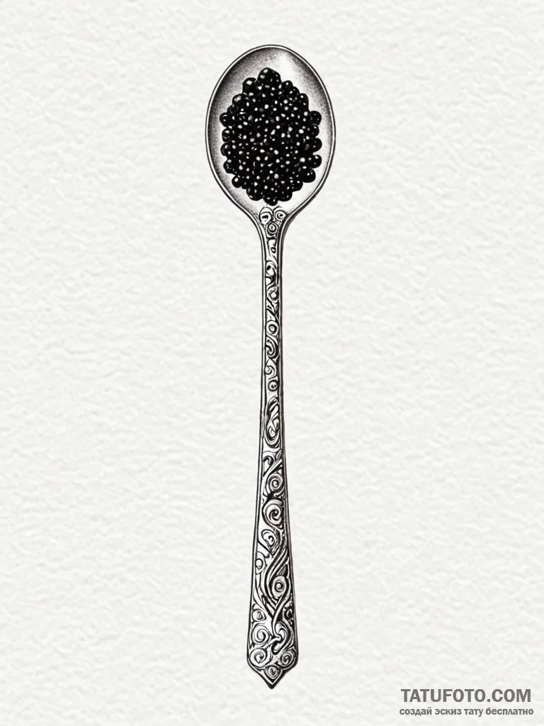 A single, perfect, glistening caviar spoon, t… — эскиз тату (№1752150902_0, 10.07.2025 12:35) — Tatufoto.com