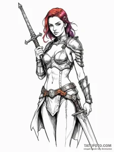 A warrior woman with a giant sword resting on... - эскиз тату (№1752151415_0, 10.07.2025 12:43) — Tatufoto.com