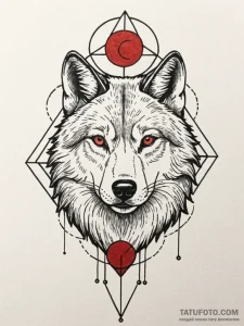 A portrait of a wolf, with a red, geometric m... - эскиз тату (№1752151672_0, 10.07.2025 12:47) — Tatufoto.com