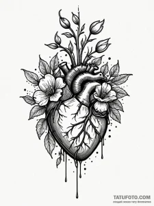 A human heart, with a small, blossoming flowe... - эскиз тату (№1752152013_0, 10.07.2025 12:53) — Tatufoto.com
