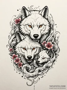 A powerful hunting pack of wolves, their eyes... - эскиз тату (№1752152440_0, 10.07.2025 13:00) — Tatufoto.com