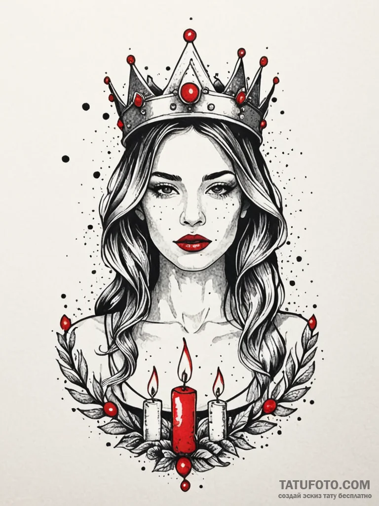 A woman wearing a crown of lit candles, tatto… — эскиз тату (№1752152695_0, 10.07.2025 13:04) — Tatufoto.com