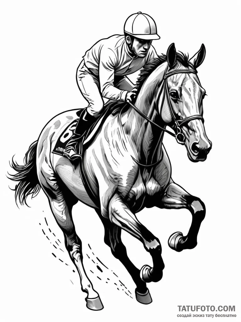 A powerful racehorse, at full gallop, its joc... - эскиз тату (№1752152951_0, 10.07.2025 13:09) — Tatufoto.com