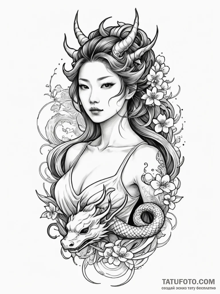 A girl whose body is a beautiful, detailed an… — эскиз тату (№1752153550_0, 10.07.2025 13:19) — Tatufoto.com