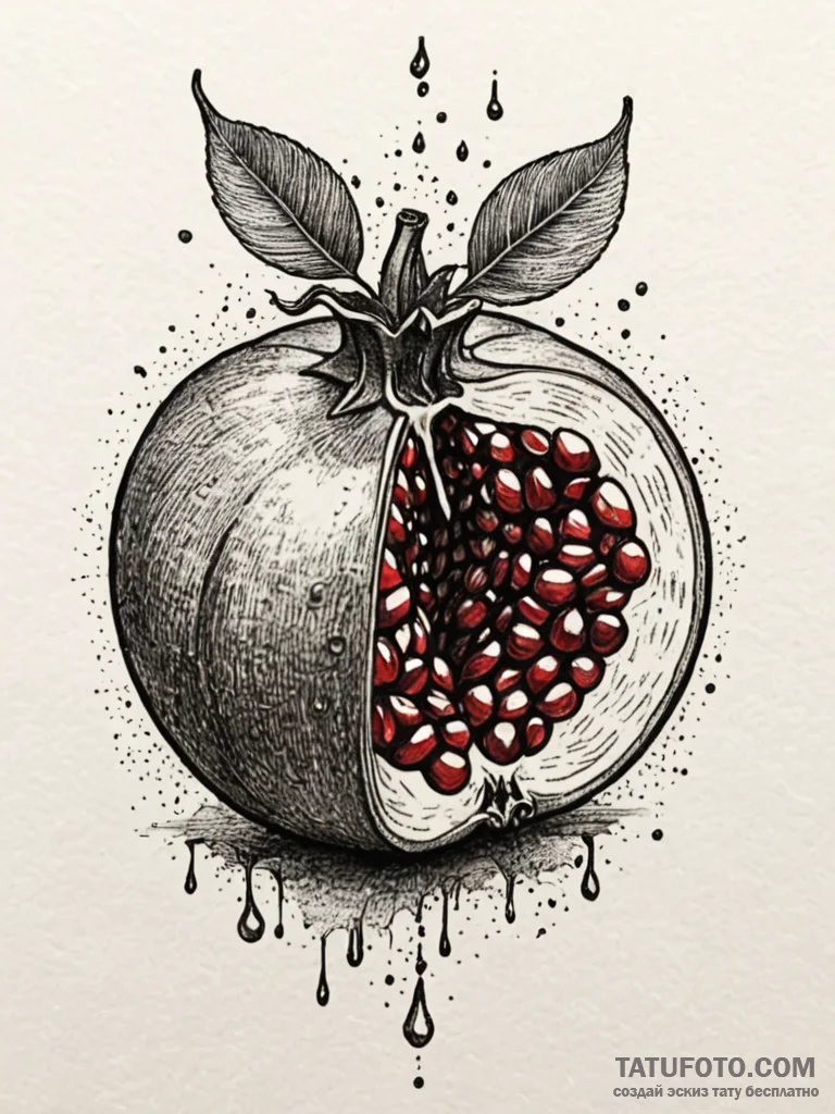 A realistic pomegranate, split open to reveal... - эскиз тату (№1752153978_0, 10.07.2025 13:26) — Tatufoto.com