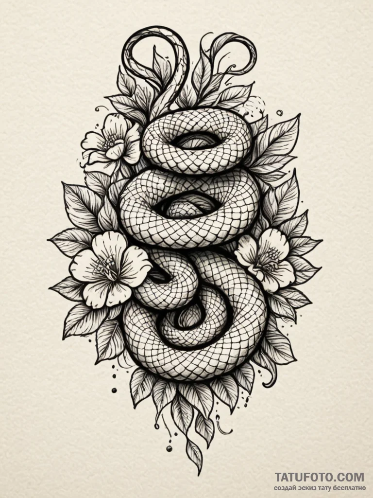 A snake, its body made of beautiful, dark flo... - эскиз тату (№1752155309_0, 10.07.2025 13:48) — Tatufoto.com