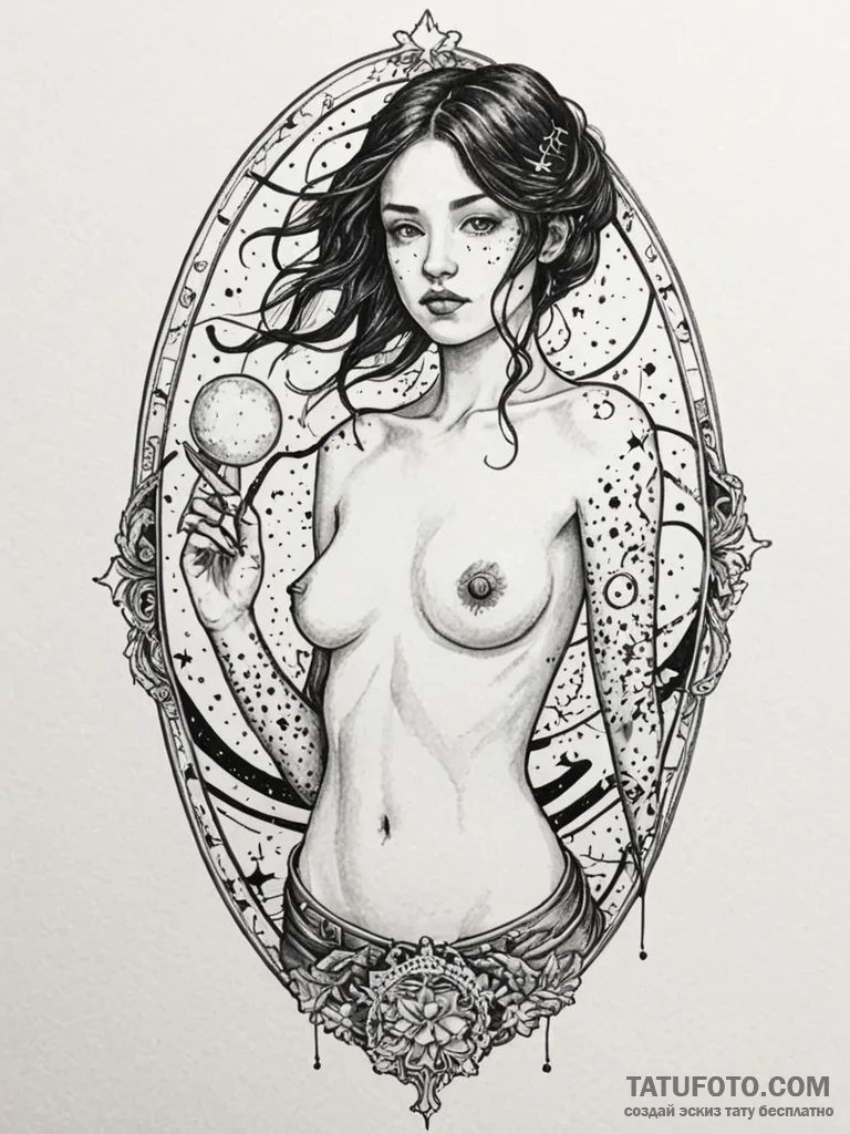 A girl whose body is covered in a map of the… — эскиз тату (№1752156338_0, 10.07.2025 14:05) — Tatufoto.com
