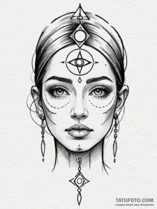A beautiful, serene face, with a third eye op... - эскиз тату (№1752156425_0, 10.07.2025 14:07) — Tatufoto.com