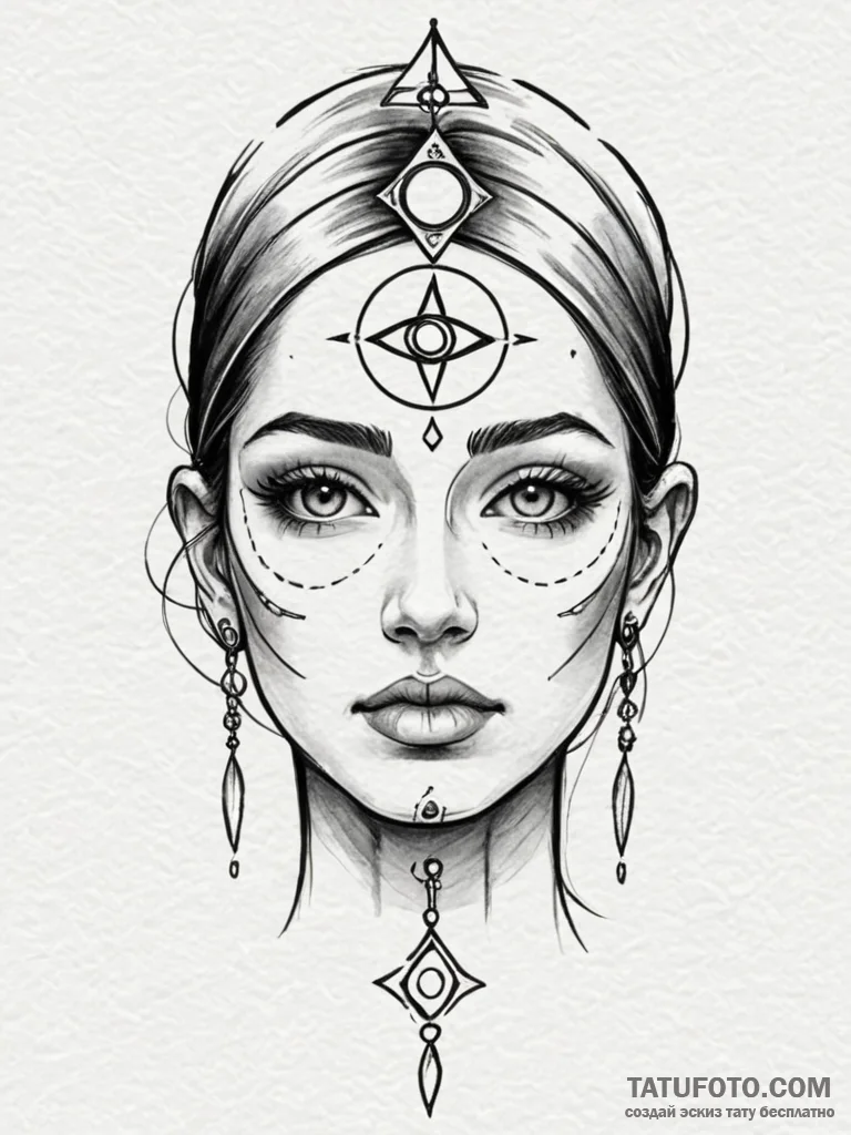 A beautiful, serene face, with a third eye op… — эскиз тату (№1752156425_0, 10.07.2025 14:07) — Tatufoto.com