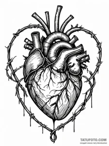 A human heart, wrapped tightly in barbed wire... - эскиз тату (№1752156943_0, 10.07.2025 14:15) — Tatufoto.com