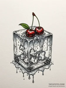 A realistic, melting ice cube, with a cherry... - эскиз тату (№1752157117_0, 10.07.2025 14:18) — Tatufoto.com