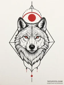 A portrait of a wolf, with a red, geometric m... - эскиз тату (№1752157462_0, 10.07.2025 14:24) — Tatufoto.com