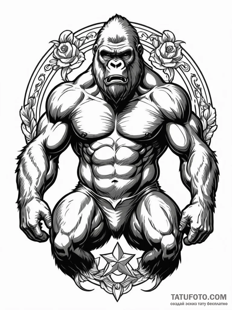 A powerful gorilla, beating its chest in a di… — эскиз тату (№1752158071_0, 10.07.2025 14:34) — Tatufoto.com