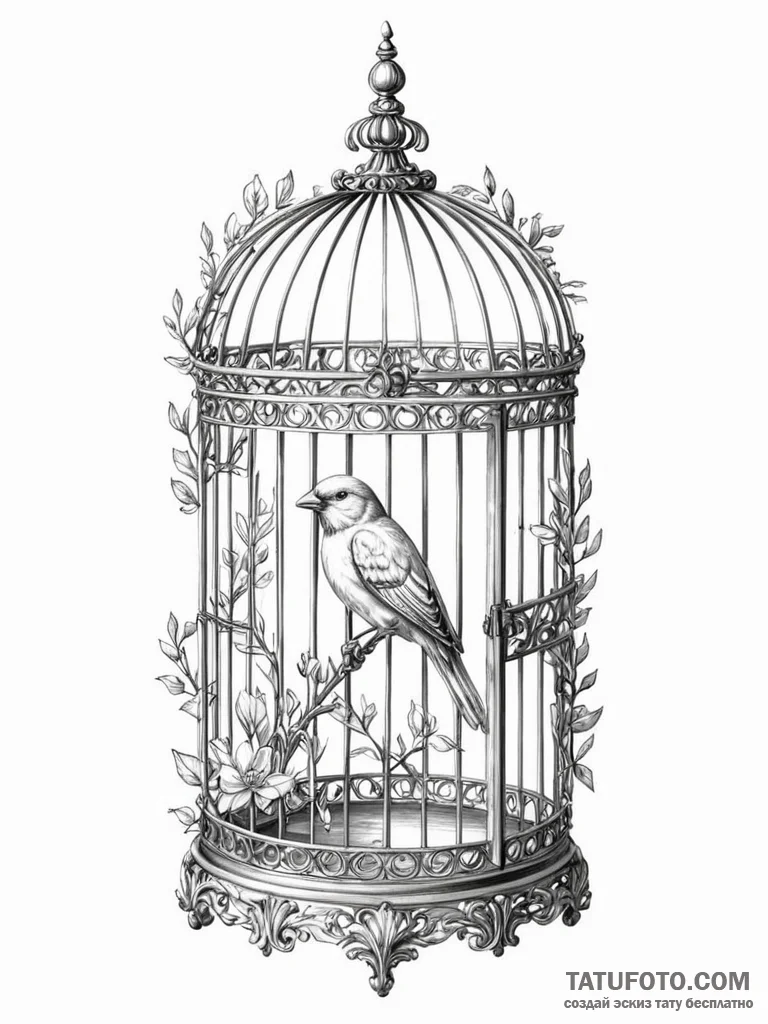 A beautiful, ornate birdcage, its door is wid... - эскиз тату (№1752158844_0, 10.07.2025 14:47) — Tatufoto.com