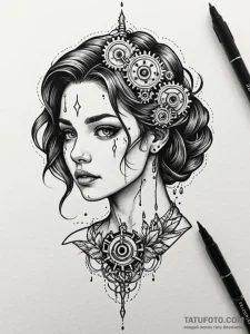 A woman whose tears are tiny, perfect gears,... - эскиз тату (№1752159273_0, 10.07.2025 14:54) — Tatufoto.com