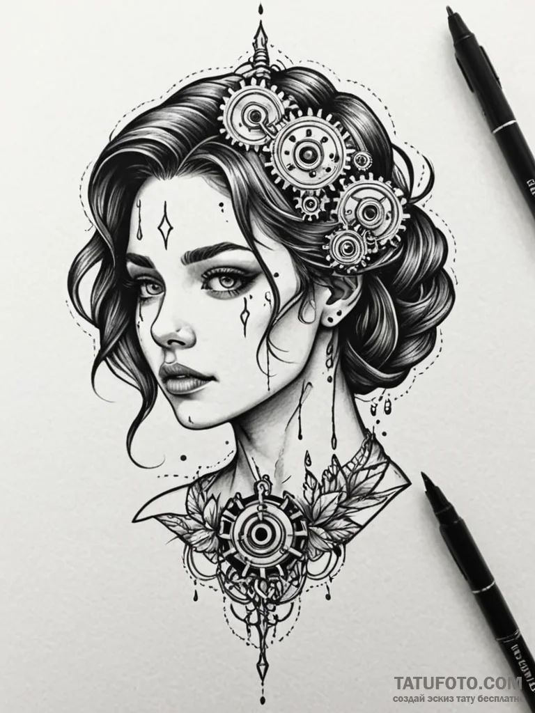 A woman whose tears are tiny, perfect gears,… — эскиз тату (№1752159273_0, 10.07.2025 14:54) — Tatufoto.com