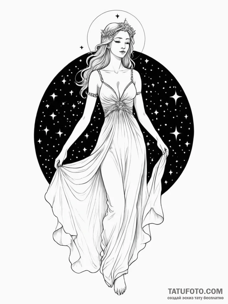 A goddess of the night, her dress is the nigh… — эскиз тату (№1752159444_0, 10.07.2025 14:57) — Tatufoto.com