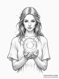 A woman holding a glowing, ethereal orb of li... - эскиз тату (№1752159871_0, 10.07.2025 15:04) — Tatufoto.com