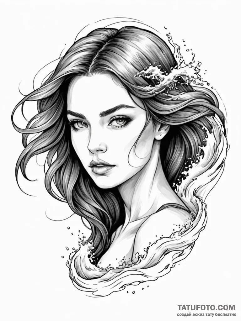 A portrait of a beautiful woman, her hair is... - эскиз тату (№1752160642_0, 10.07.2025 15:17) — Tatufoto.com